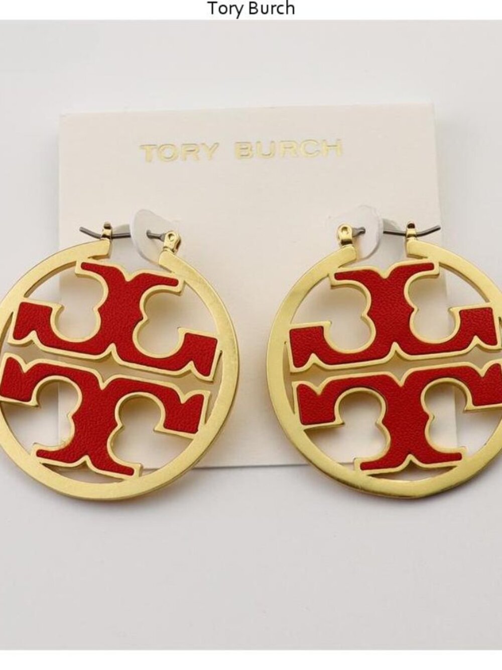 Tory Burch Red and Gold Logo Hoop Drop Earrings